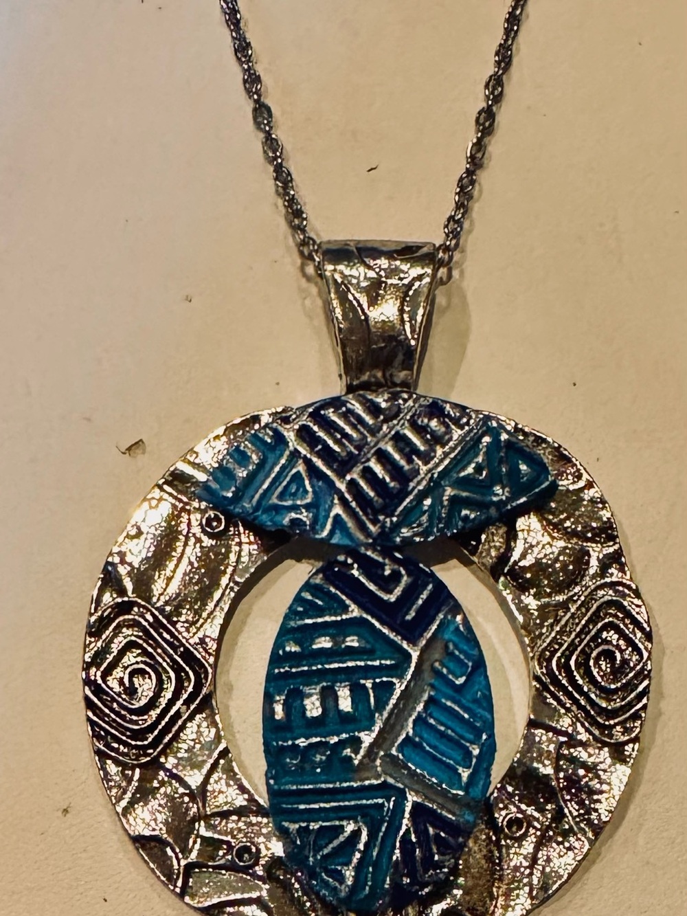 Silver Pendant Necklace with Teal Tribal Accents - Women Jewelry